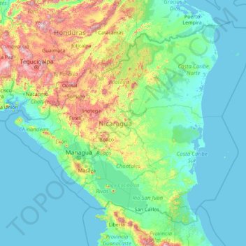 Mapa topográfico Nicaragua, altitud, relieve