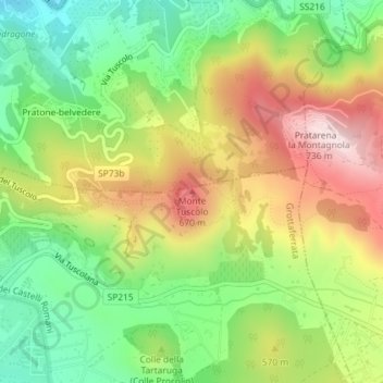 Mapa topográfico Monte Tuscolo, altitud, relieve