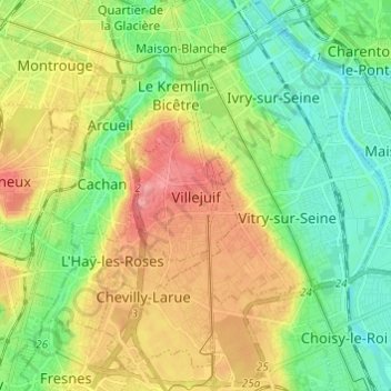 Mapa topográfico Villejuif, altitud, relieve
