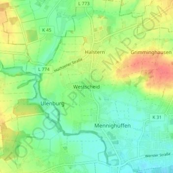 Mapa topográfico Westscheid, altitud, relieve