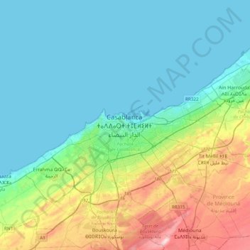 Mapa topográfico Casablanca ⵜⴰⴷⴷⴰⵔⵜ ⵜⵓⵎⵍⵉⵍⵜ الدار البيضاء, altitud, relieve