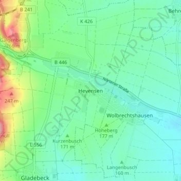Mapa topográfico Hevensen, altitud, relieve