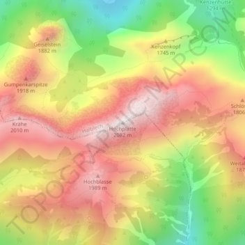 Mapa topográfico Hochplatte, altitud, relieve