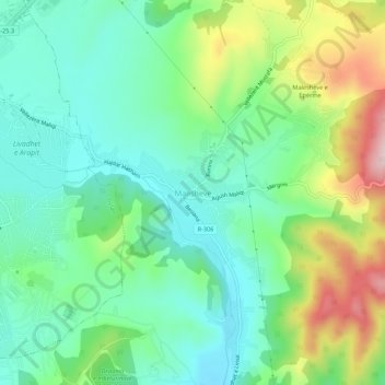 Mapa topográfico Malishevë, altitud, relieve