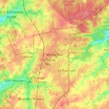 Mapa topográfico Waterloo, altitud, relieve
