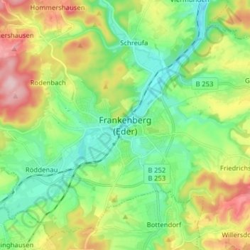 Mapa topográfico Frankenberg (Eder), altitud, relieve