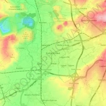Mapa topográfico Fushë Kosovë, altitud, relieve