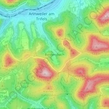 Mapa topográfico Bindersbach, altitud, relieve
