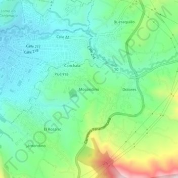 Mapa topográfico Mocondino, altitud, relieve