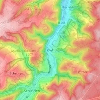 Mapa topográfico Olef, altitud, relieve