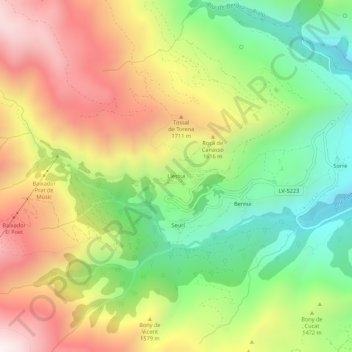 Mapa topográfico Llessui, altitud, relieve