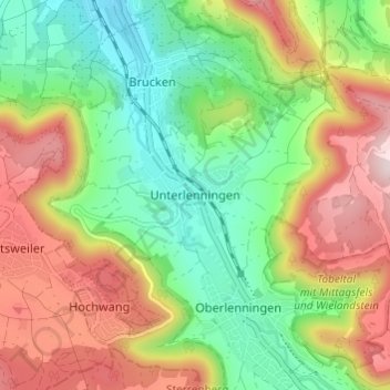 Mapa topográfico Unterlenningen, altitud, relieve