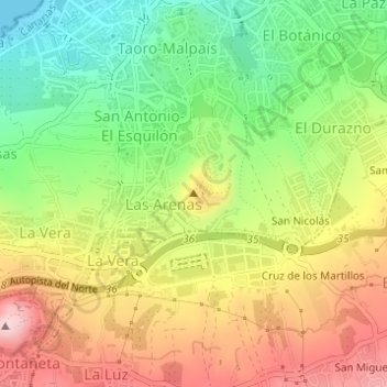 Mapa topográfico Las Arenas, altitud, relieve