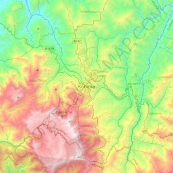 Mapa topográfico Kohima, altitud, relieve