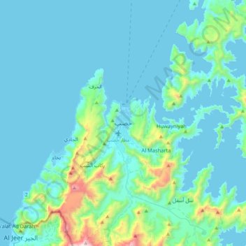 Mapa topográfico Khasab, altitud, relieve