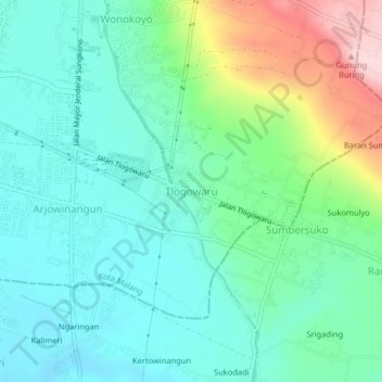 Mapa topográfico Tlogowaru, altitud, relieve