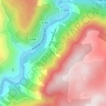 Mapa topográfico Gorges du Tarn, altitud, relieve