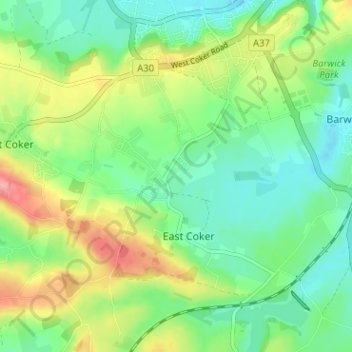 Mapa topográfico North Coker, altitud, relieve