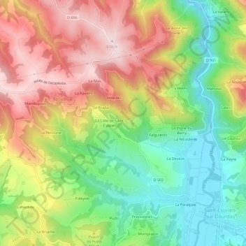 Mapa topográfico Courtiols, altitud, relieve