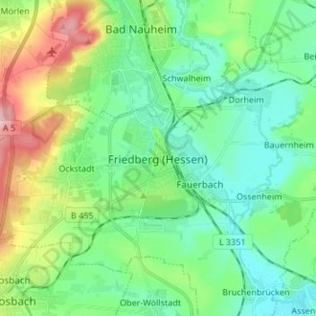 Mapa topográfico Friedberg (Hessen), altitud, relieve