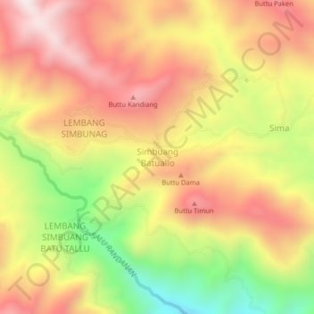 Mapa topográfico Simbuang Batuallo, altitud, relieve