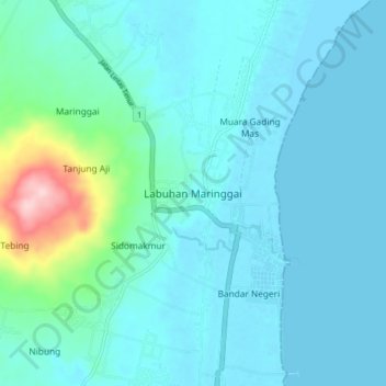 Mapa topográfico Labuhan Maringgai, altitud, relieve