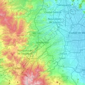 Mapa topográfico Interlomas, altitud, relieve