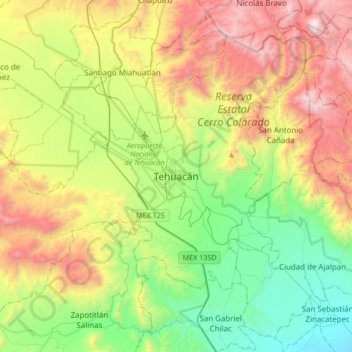 Mapa topográfico Tehuacán, altitud, relieve