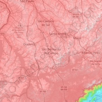 Mapa topográfico São Bernardo do Campo, altitud, relieve