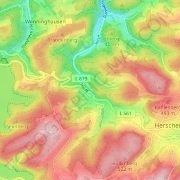 Mapa topográfico Hardt, altitud, relieve