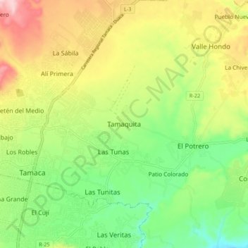Mapa topográfico Tamaquita, altitud, relieve