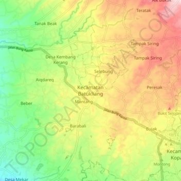 Mapa topográfico Kecamatan Batukliang, altitud, relieve
