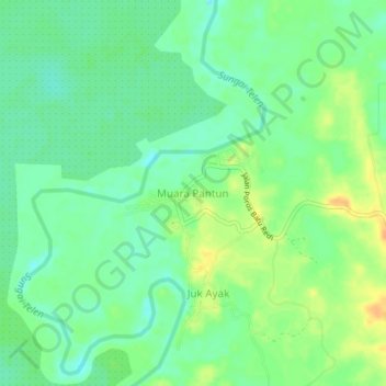 Mapa topográfico Muara Pantun, altitud, relieve