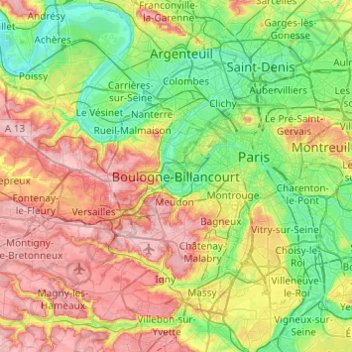 Mapa topográfico Boulogne-Billancourt, altitud, relieve