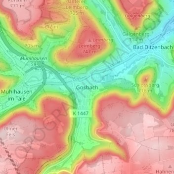 Mapa topográfico Gosbach, altitud, relieve