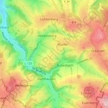 Mapa topográfico Hüchel, altitud, relieve
