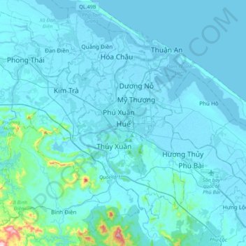 Mapa topográfico Huế, altitud, relieve