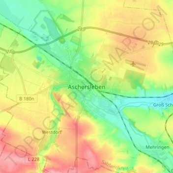 Mapa topográfico Aschersleben, altitud, relieve