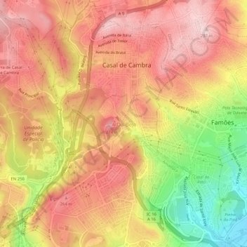 Mapa topográfico A-da-Beja, altitud, relieve