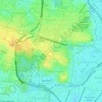 Mapa topográfico Dukuh Pakis, altitud, relieve