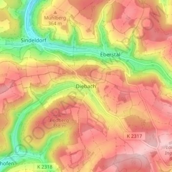 Mapa topográfico Diebach, altitud, relieve