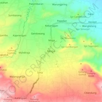Mapa topográfico Moga, altitud, relieve