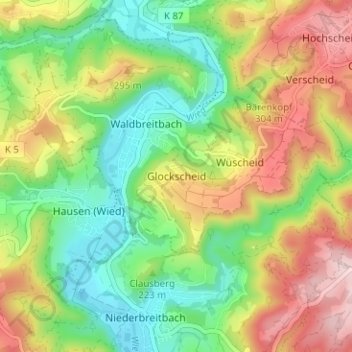 Mapa topográfico Glockscheid, altitud, relieve