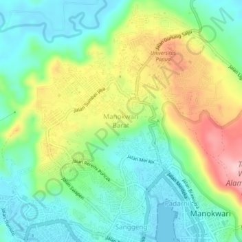 Mapa topográfico Manokwari Barat, altitud, relieve