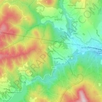 Mapa topográfico Cortia, altitud, relieve