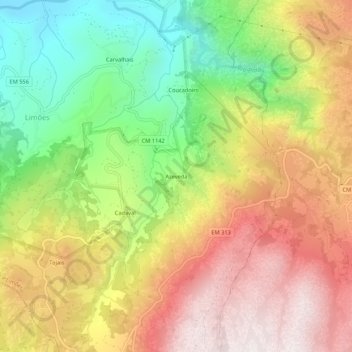Mapa topográfico Azeveda, altitud, relieve