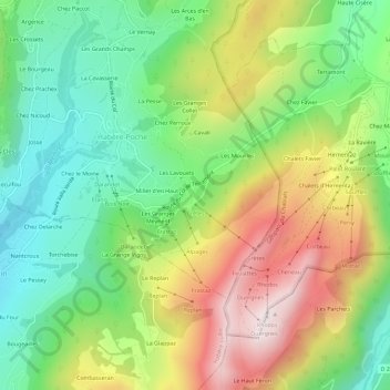 Mapa topográfico Les Granges, altitud, relieve