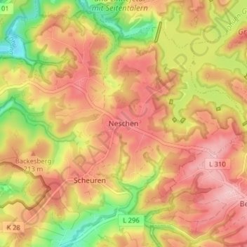 Mapa topográfico Neschen, altitud, relieve