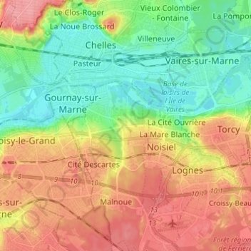 Mapa topográfico Champs-sur-Marne, altitud, relieve
