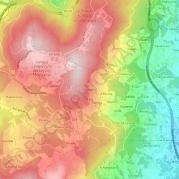 Mapa topográfico Pardellas, altitud, relieve
